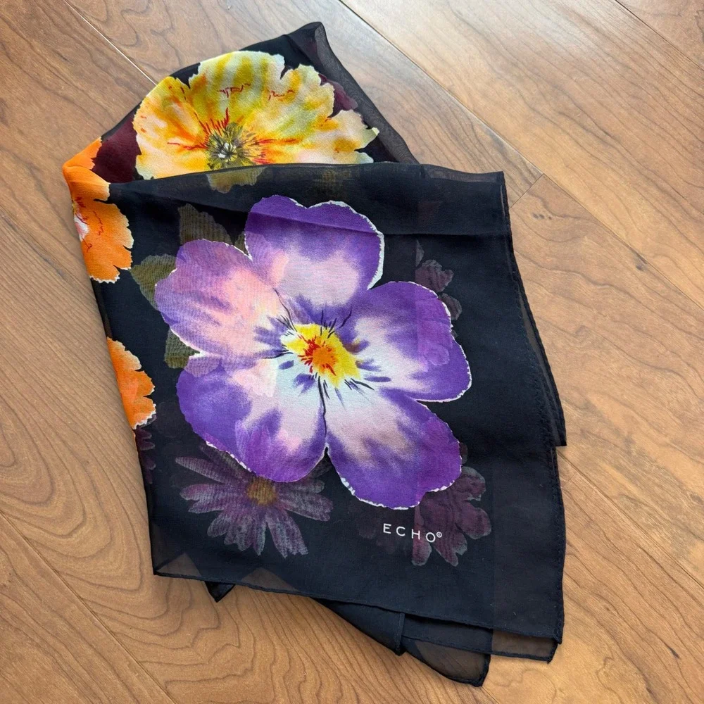 Vintage Floral Square Scarf Black Sheer Purple Yellow Orange Daisy Silk Echo